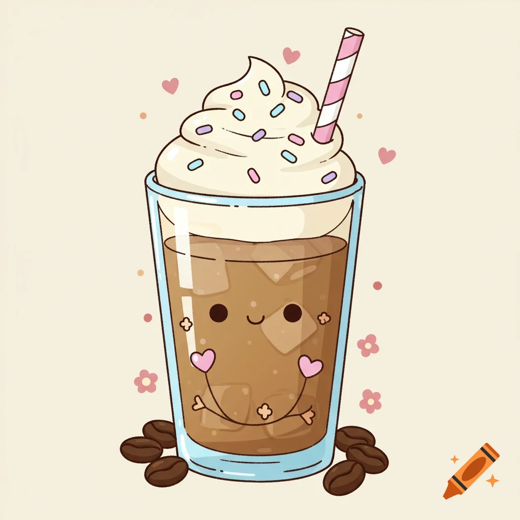 Cute cartoon iced coffee with a face, whipped cream, sprinkles, hearts, and coffee beans around the base.