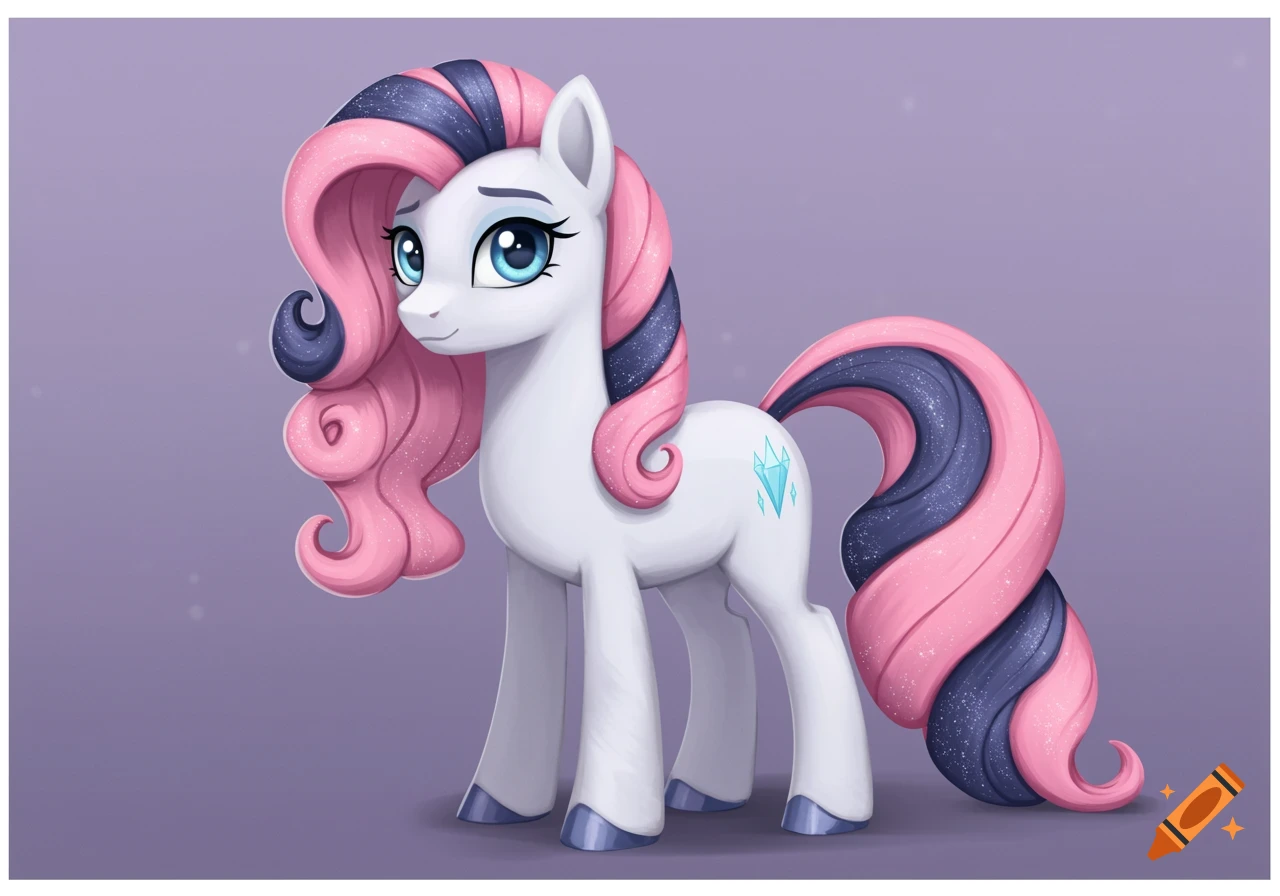 A cartoon white pony with a pink and purple mane and tail stands against a purple background.