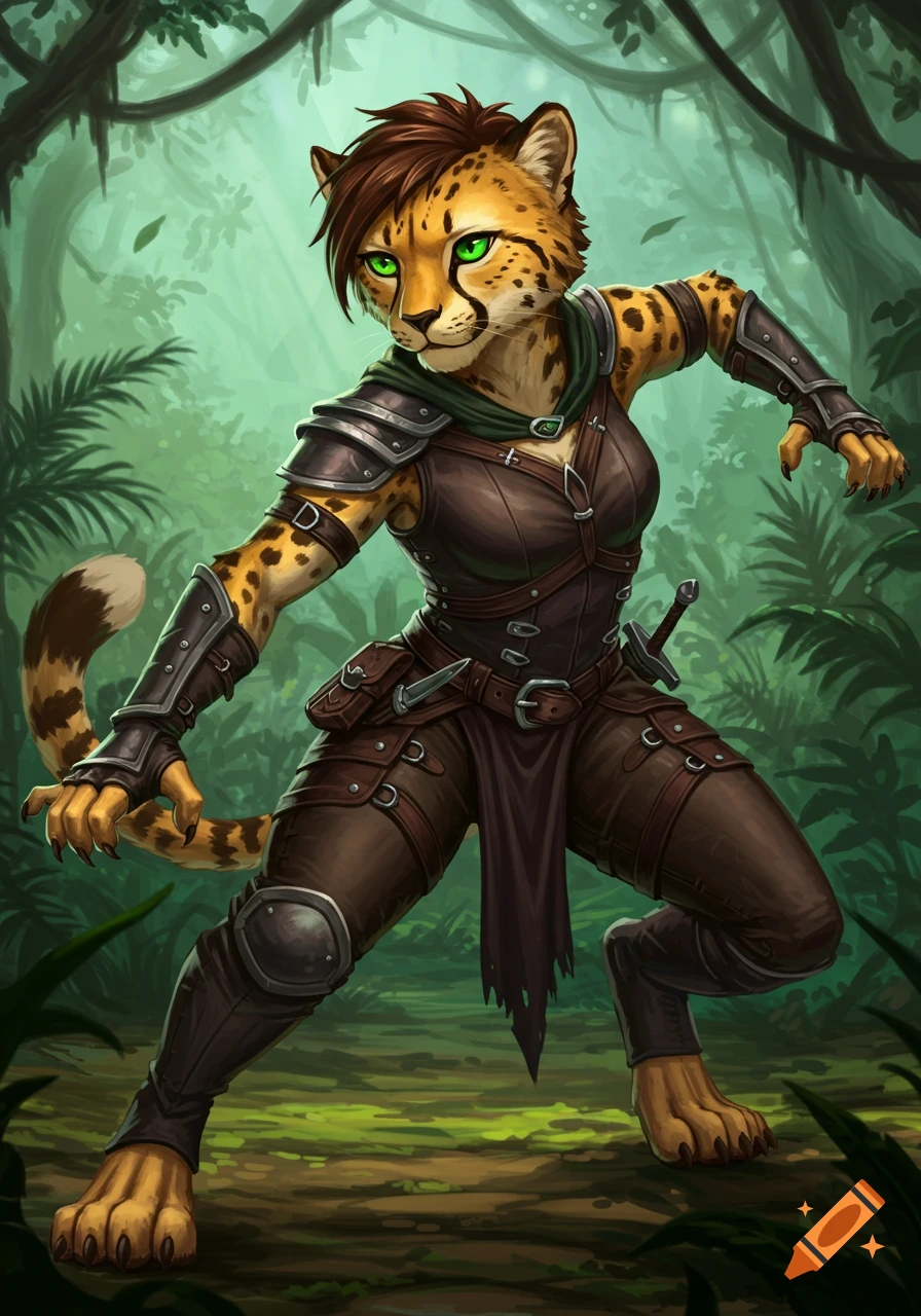 A female anthropomorphic cheetah rogue in leather armor stands in a jungle.