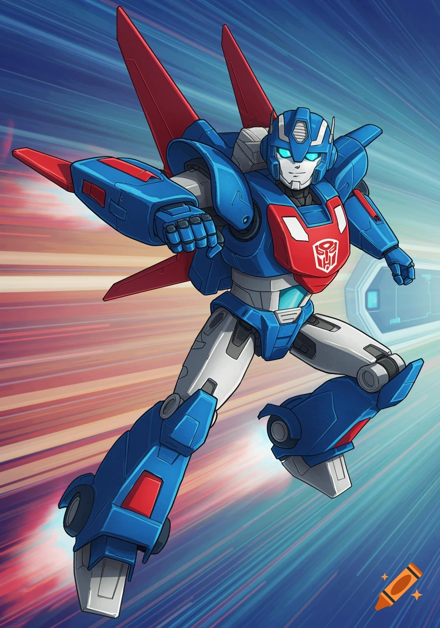 Blue and red robot character flying in a dynamic pose against a speed lines background.