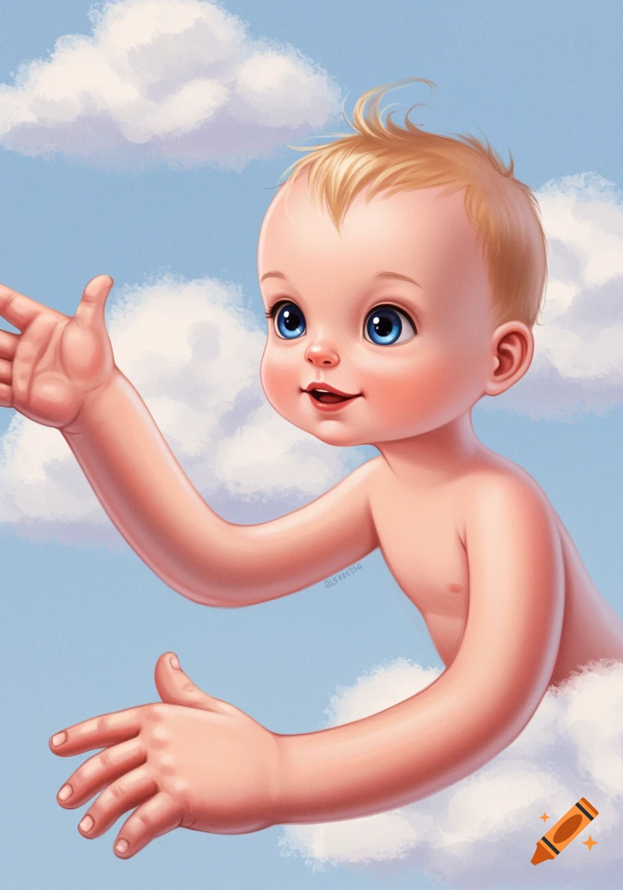 Illustration of a stylized baby with a long arm reaching out, floating in a blue sky with clouds.
