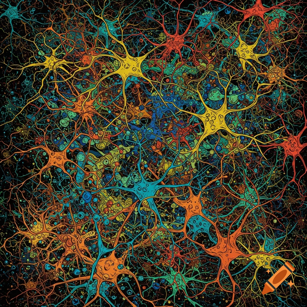 Colorful dense illustration of interconnected neurons and nerve cells.