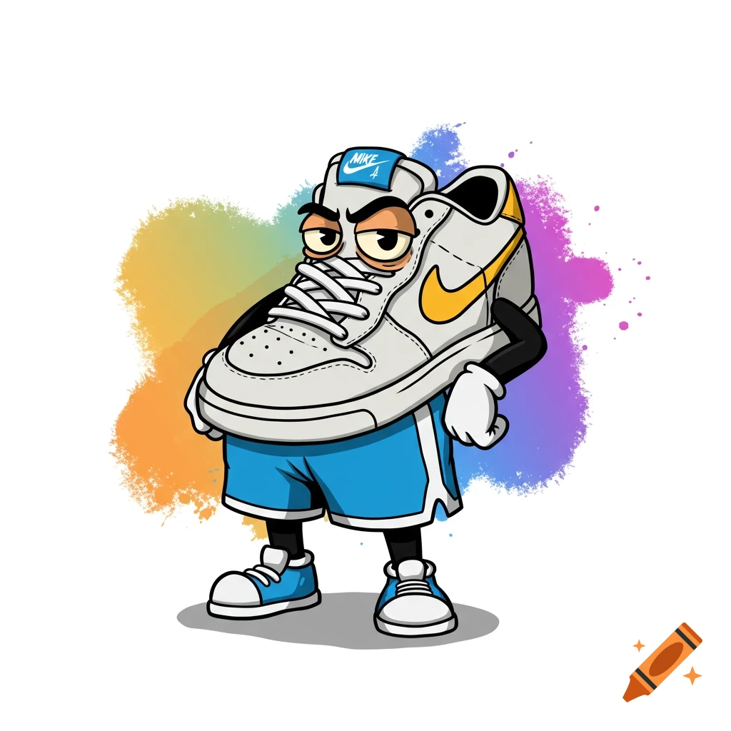Cartoon illustration of a sneaker character with arms and legs, standing with a nonchalant expression.