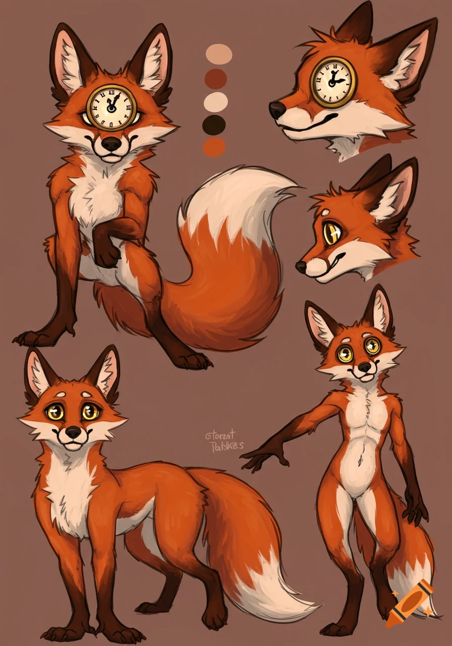 Reference sheet of an anthro fox character with a clock face embedded in its forehead.