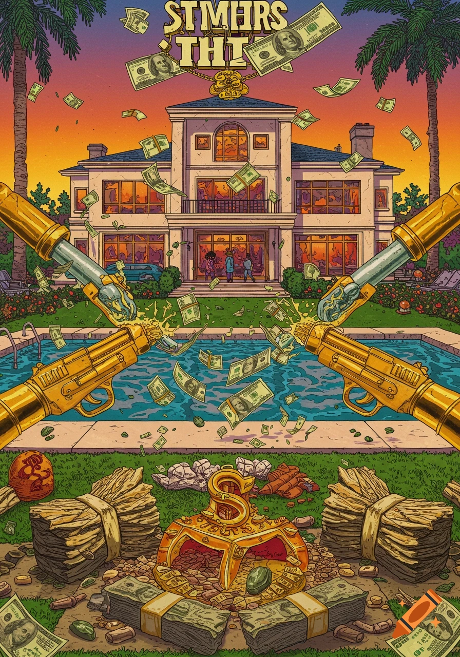 Illustration of a large house with a pool, surrounded by falling money, golden guns, and bundles of cash.