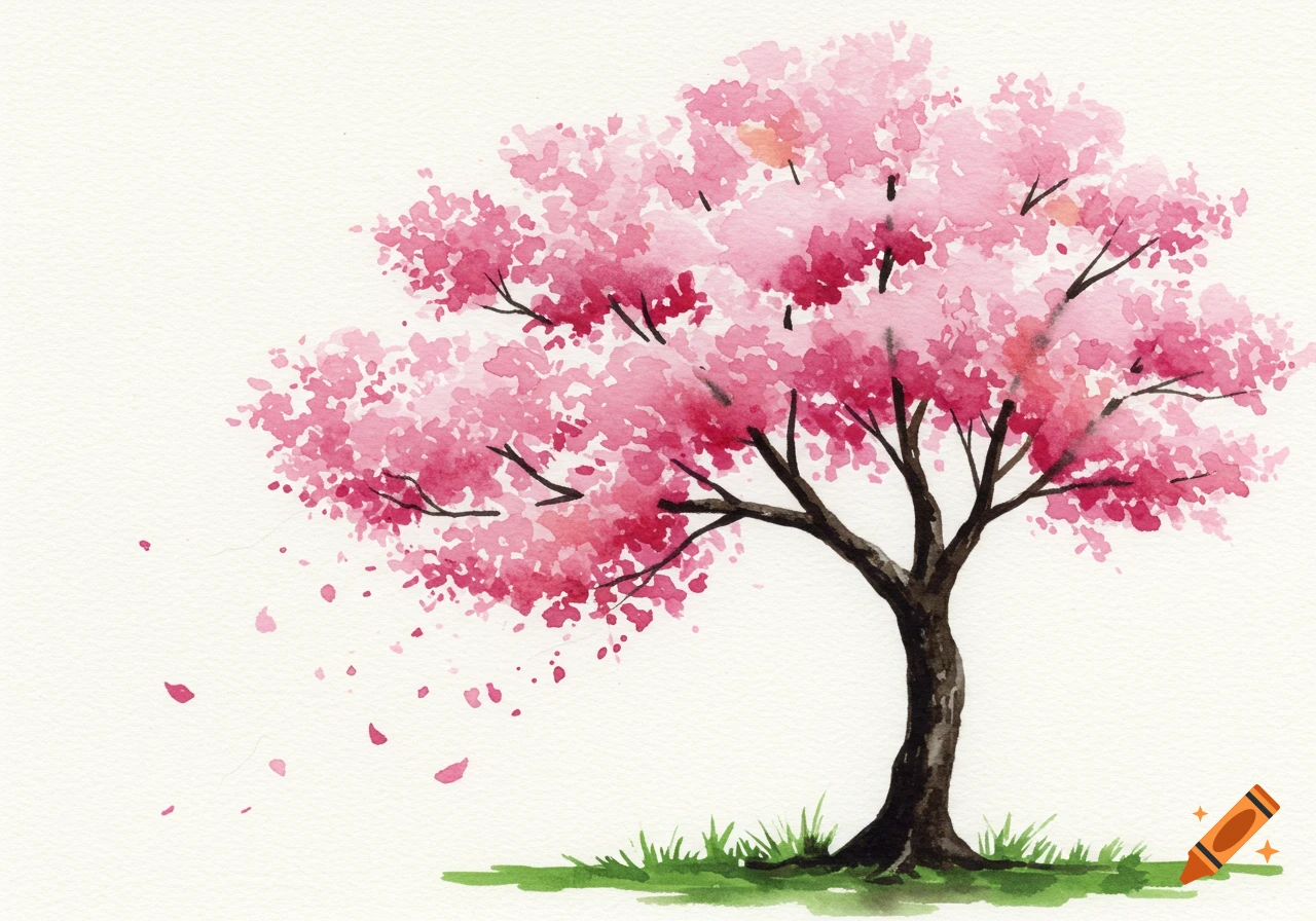 Watercolor painting of a pink cherry blossom tree with falling petals.