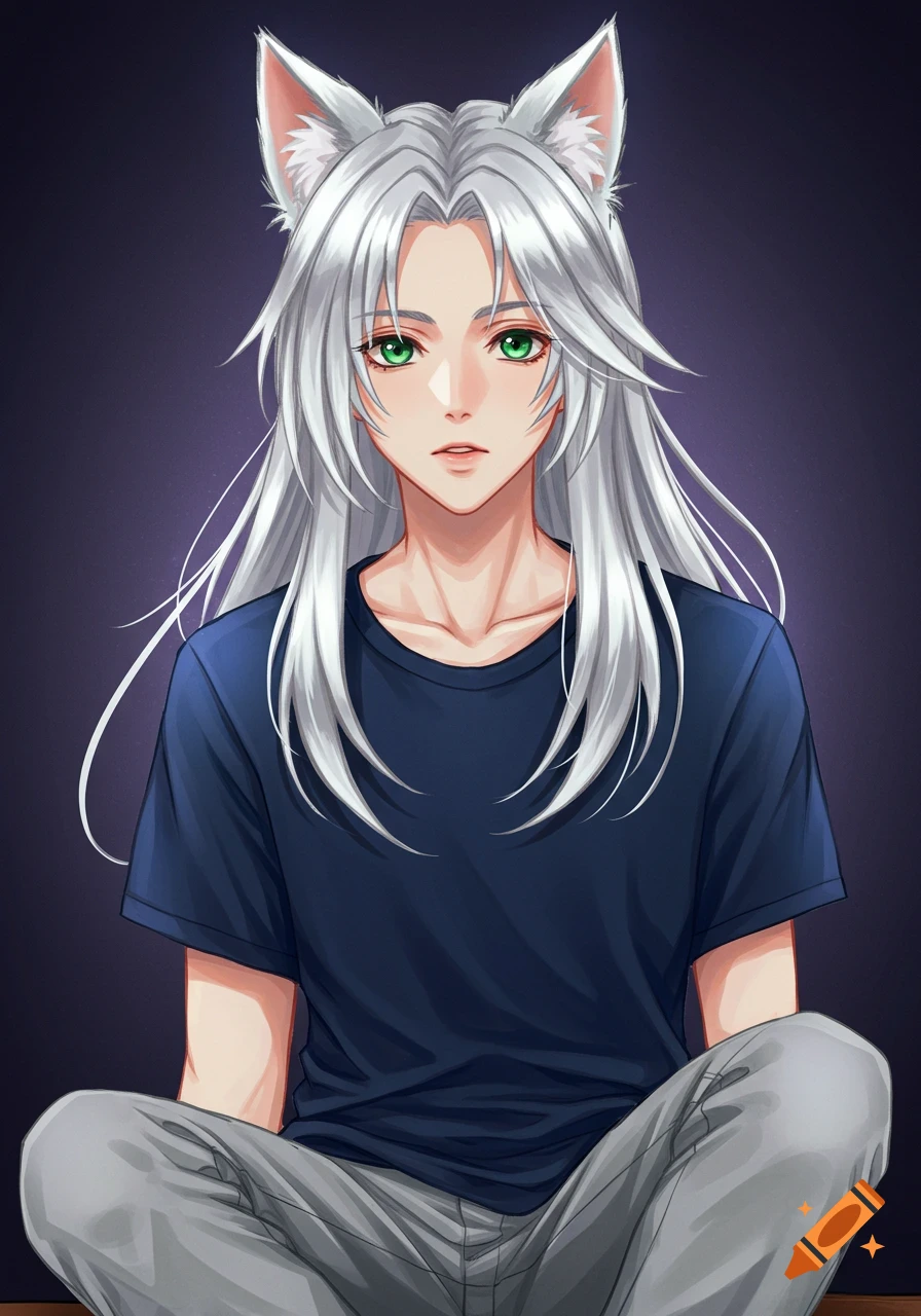 Anime boy with long white hair, green eyes, and white fox ears sitting.