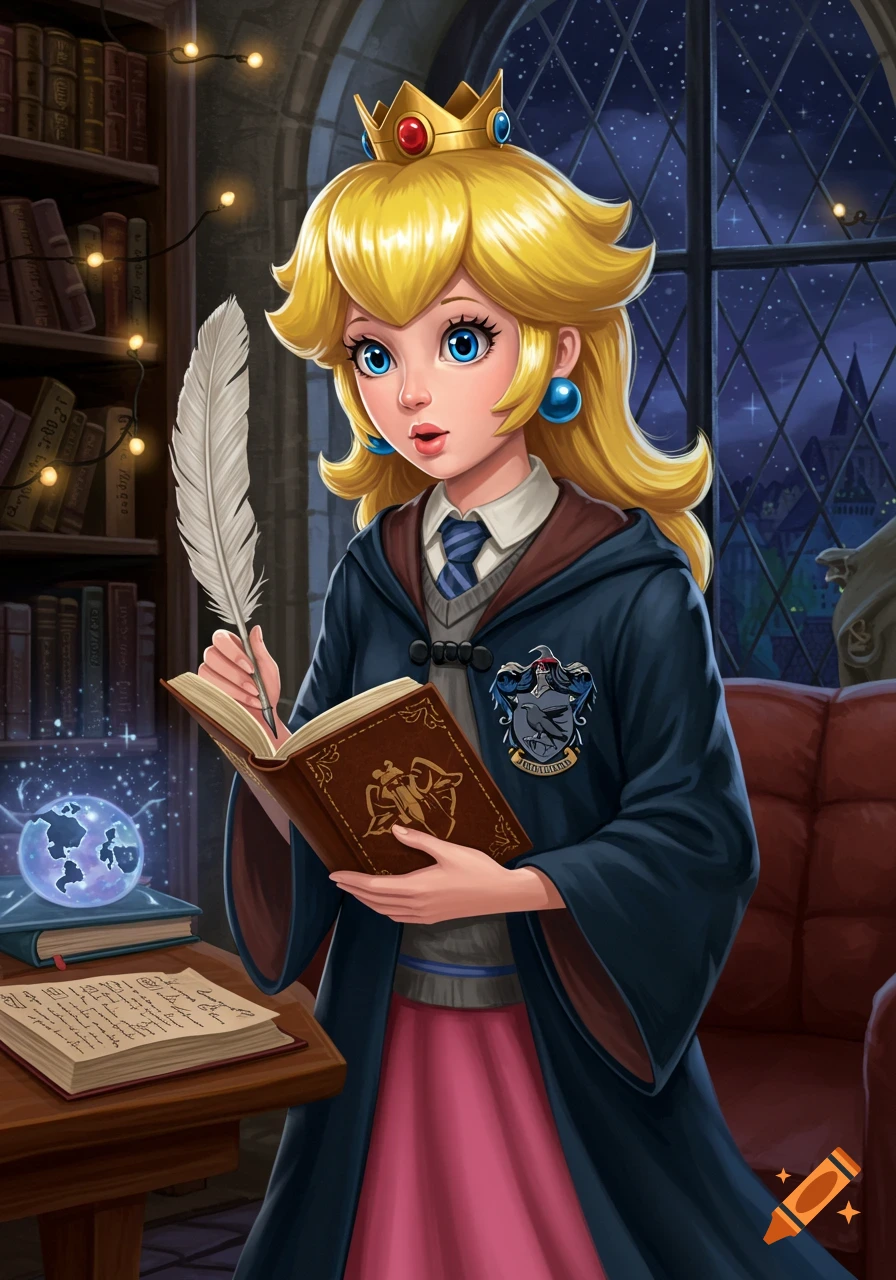 Princess Peach in Ravenclaw robes sits in a library, writing in a book. Digital illustration.