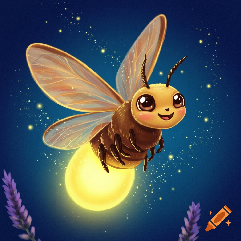 A cute cartoon firefly flying at night with glowing lights and lavender.