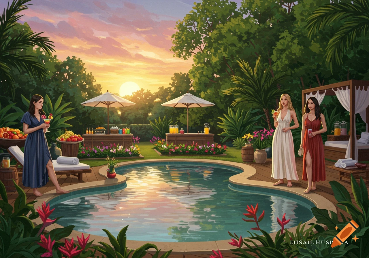 Three women by a pool in a lush tropical garden at sunset.