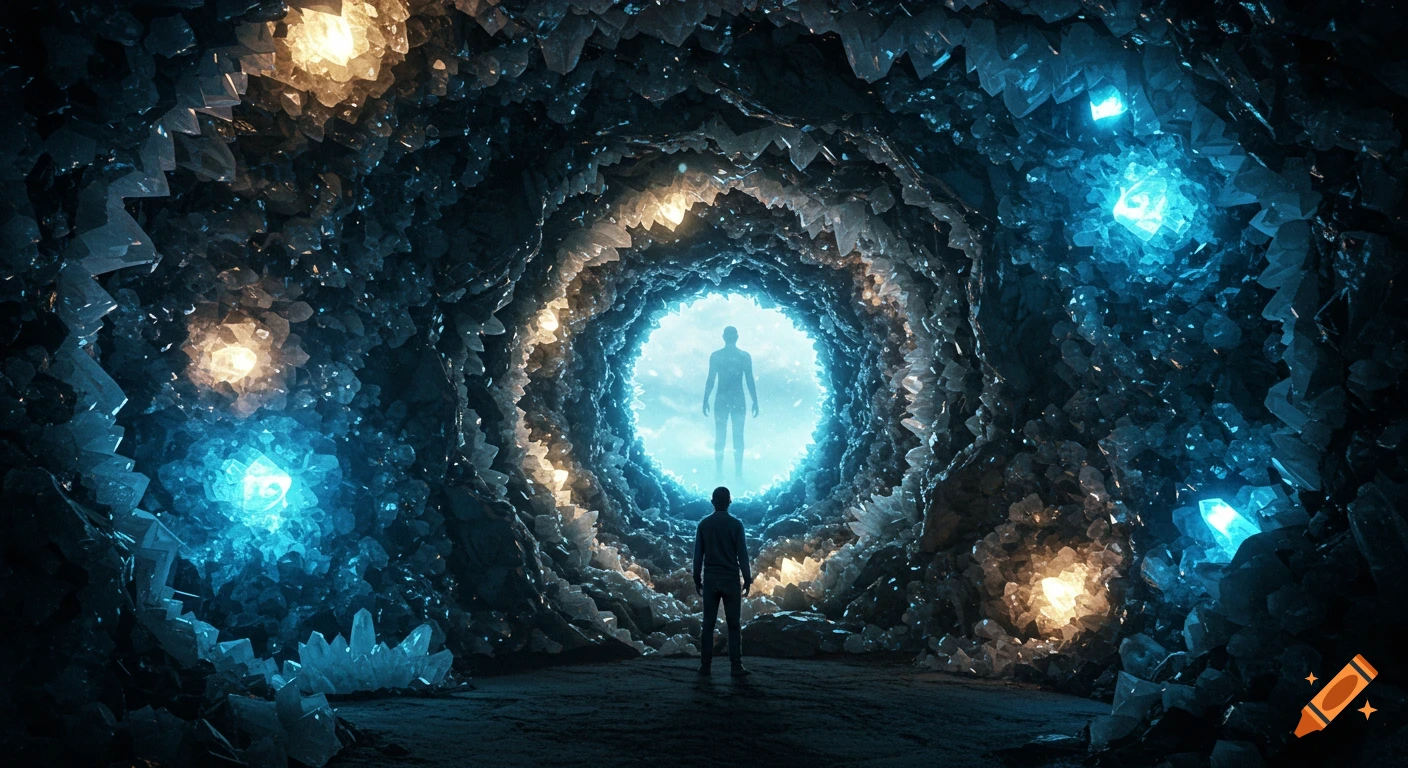 A person stands in a glowing crystal cave, looking towards a spectral figure in a bright circular portal.