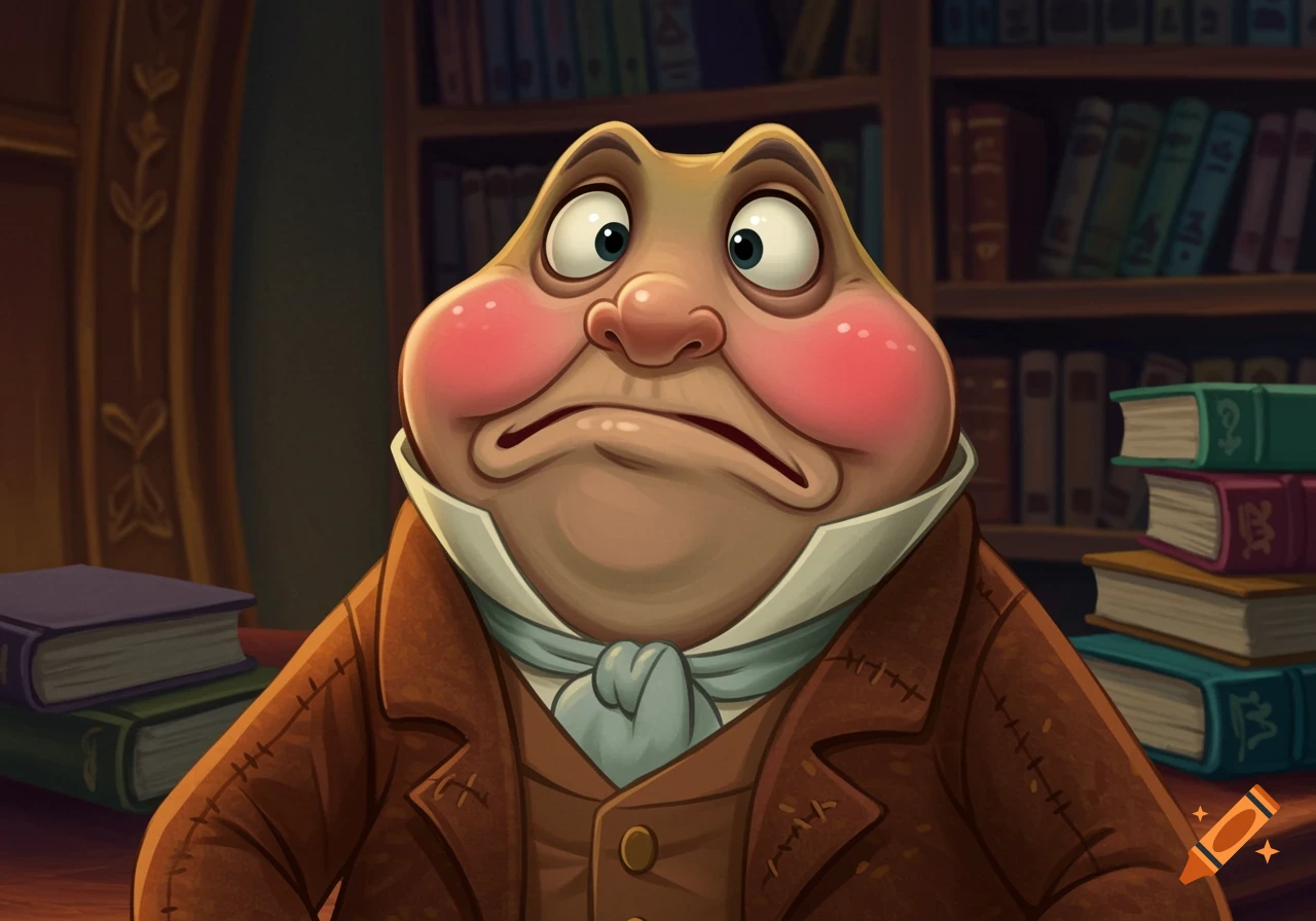 Illustration of a confused cartoon toad in a library.