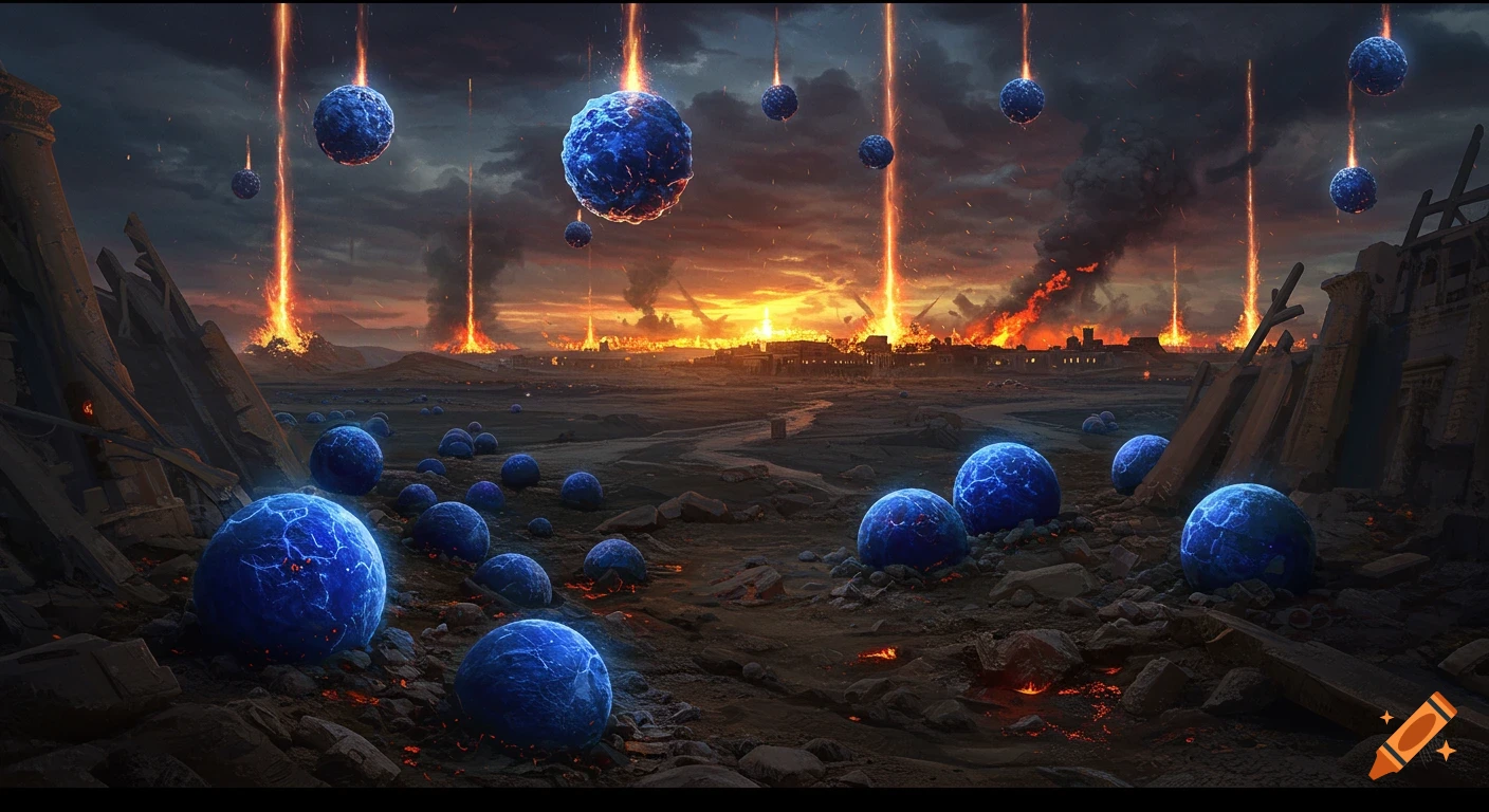 Apocalyptic landscape with blue spheres falling from the sky onto a burning city.