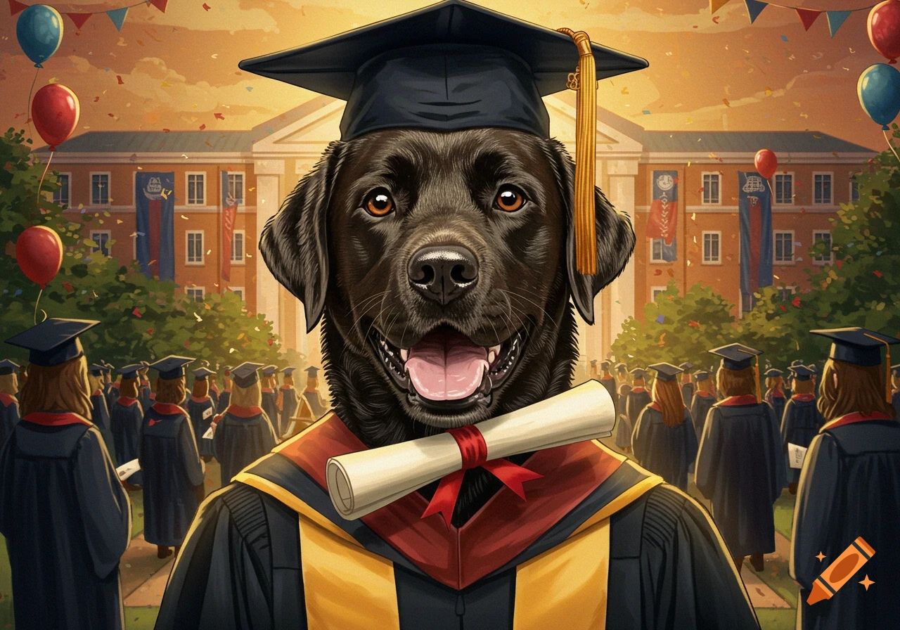 A black lab dog in a graduation cap and gown holds a diploma in front of a university building.
