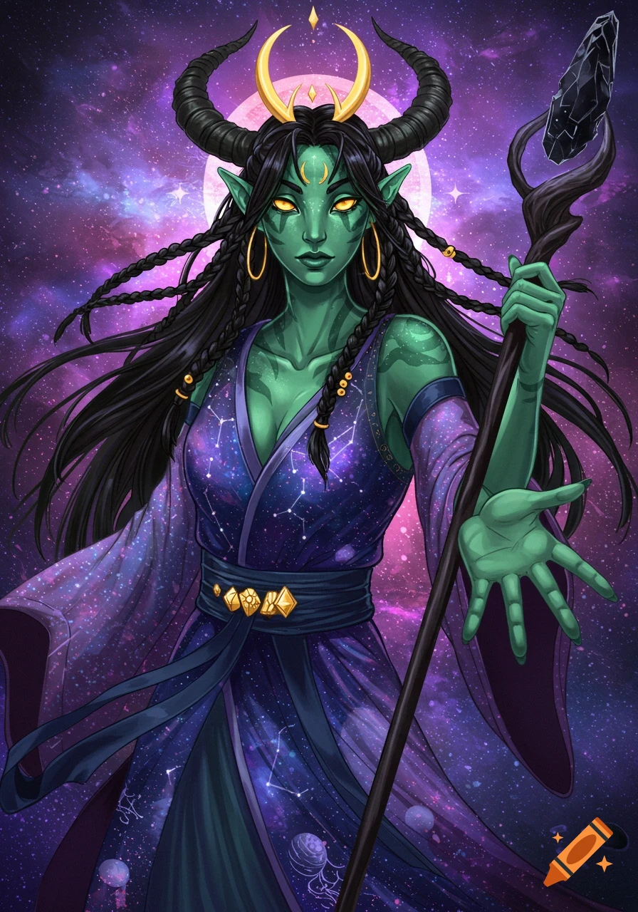 Green-skinned fantasy woman with horns and golden eyes, wearing a cosmic robe, holds a staff against a galaxy background.