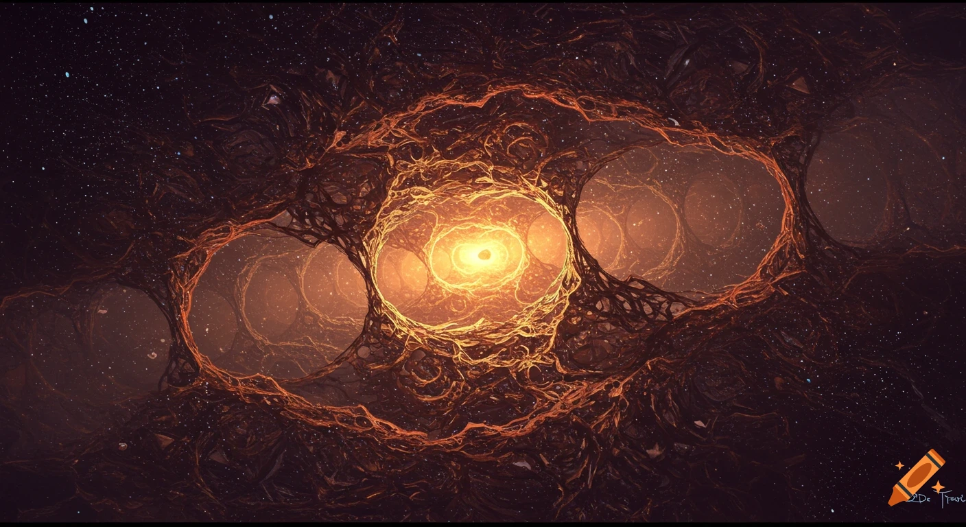 Abstract space scene with a glowing central structure and intricate organic patterns.