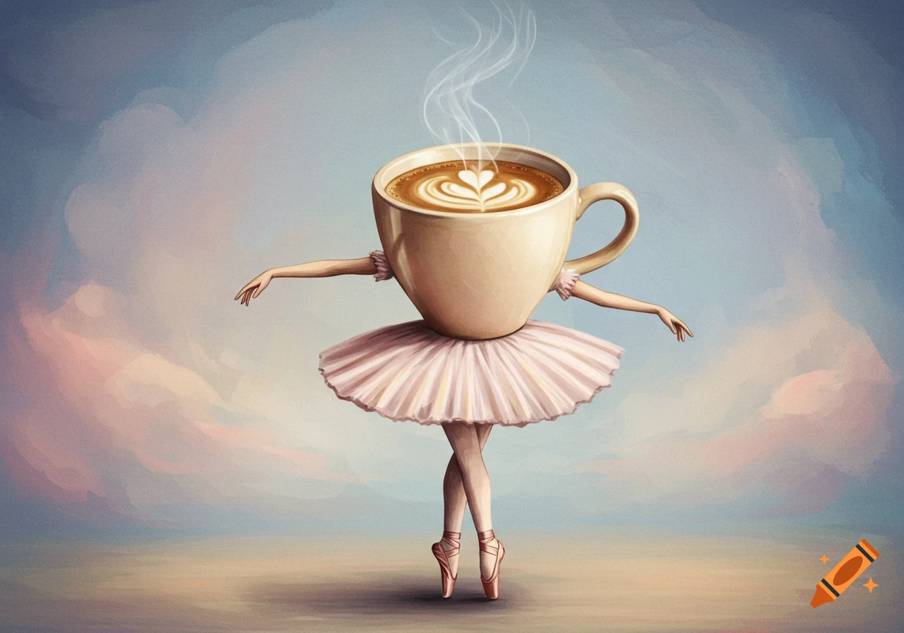 A surreal painting of a coffee cup dressed as a ballerina dancing on a stage