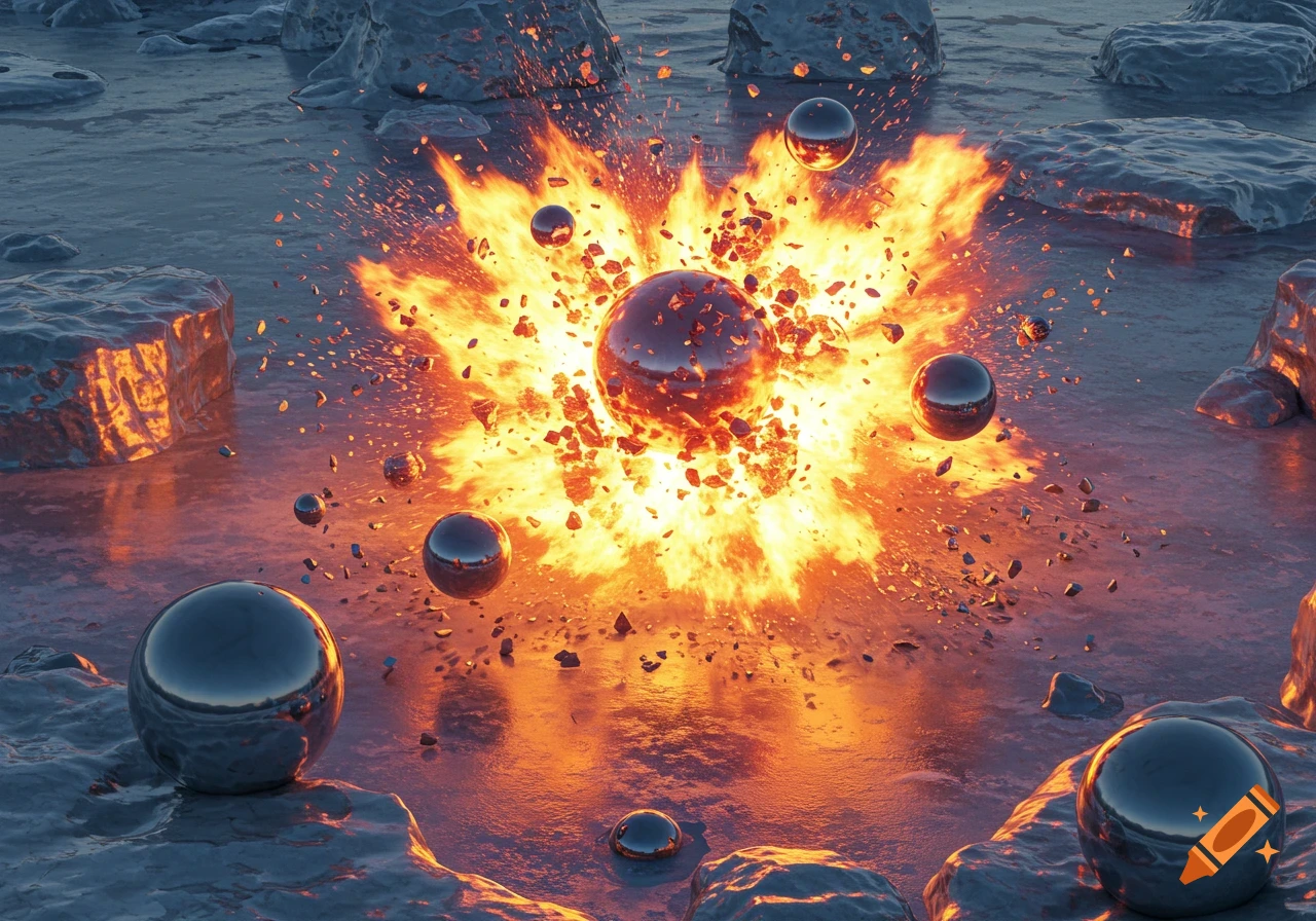 Chrome spheres explode in a fiery blast over a frozen, rocky surface.