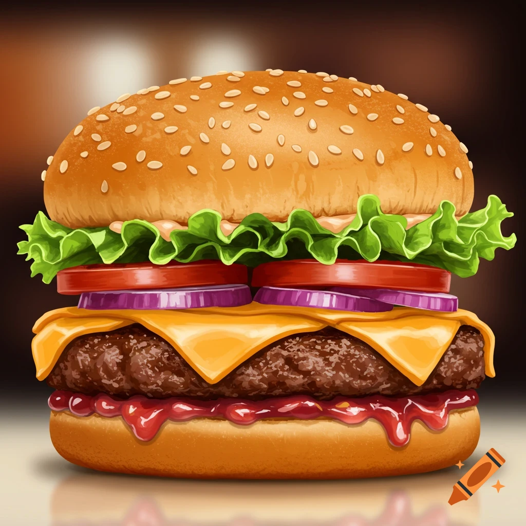 Illustration of a burger with cheese, lettuce, tomato, and onion.