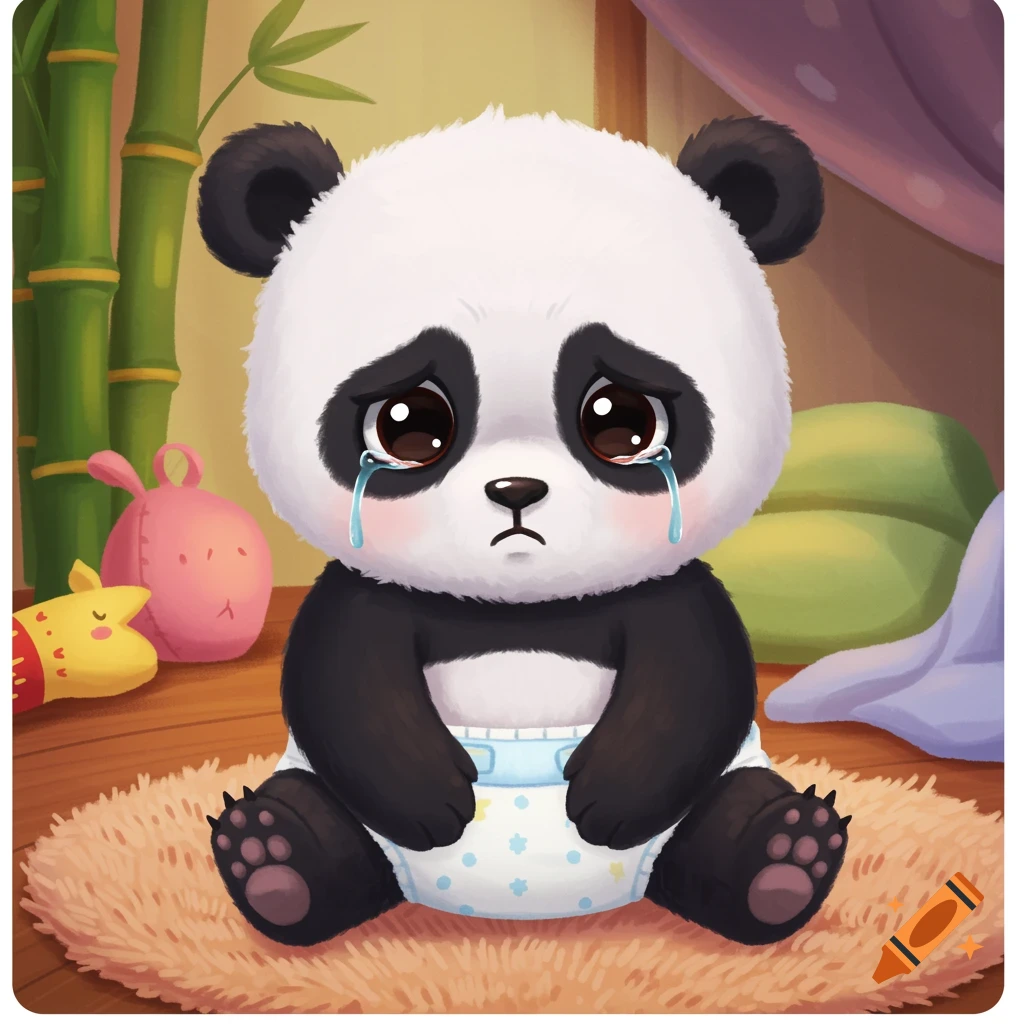 Cartoon baby panda crying in a diaper