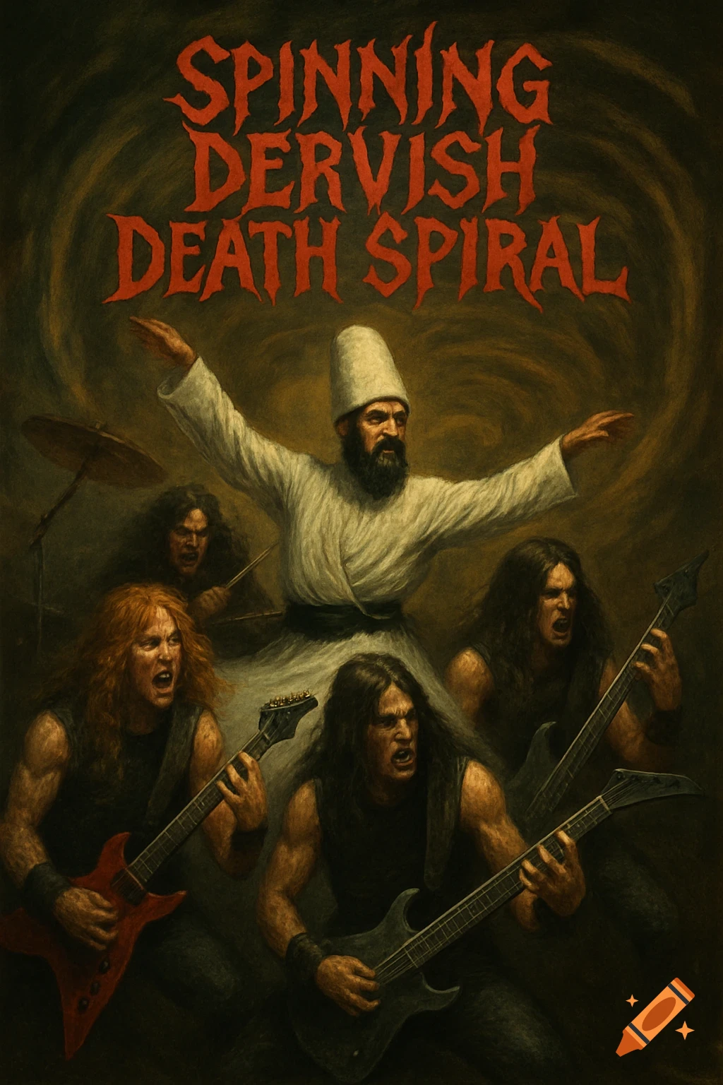 Heavy metal band with a whirling dervish figure, band name "Spinning Dervish Death Spiral" above, painted style.
