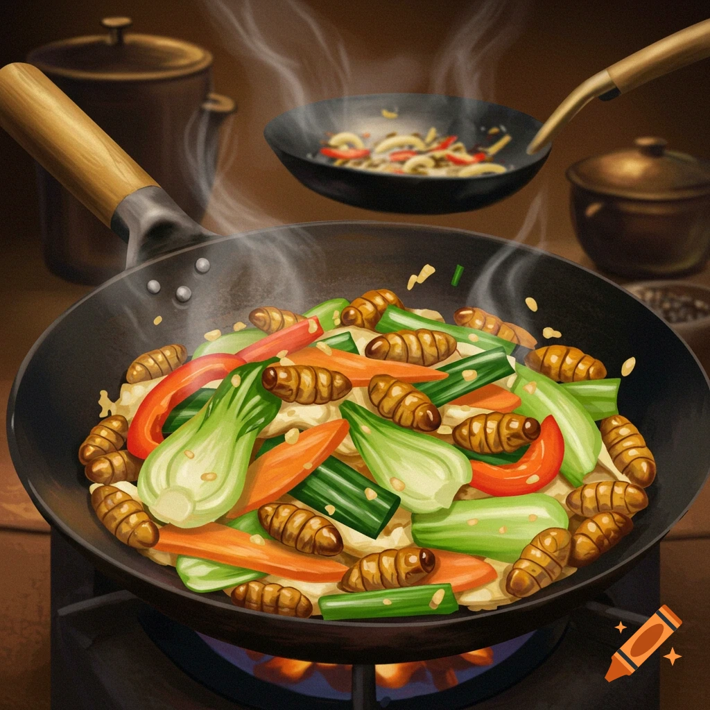 Silkworm stir-fry cooking in a wok on a stove