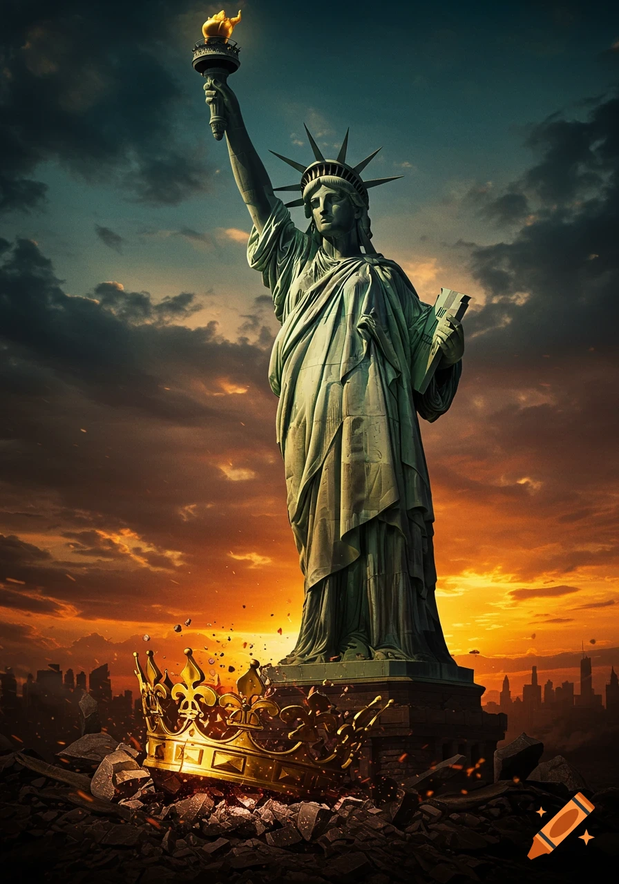 Statue of Liberty stepping on a broken golden crown in a ruined city under a dramatic sunset sky.