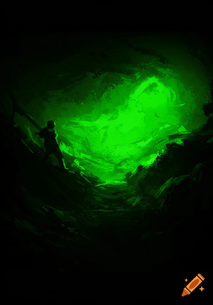 A dark, painterly image showing a silhouetted figure standing in a cave illuminated by a bright green light.