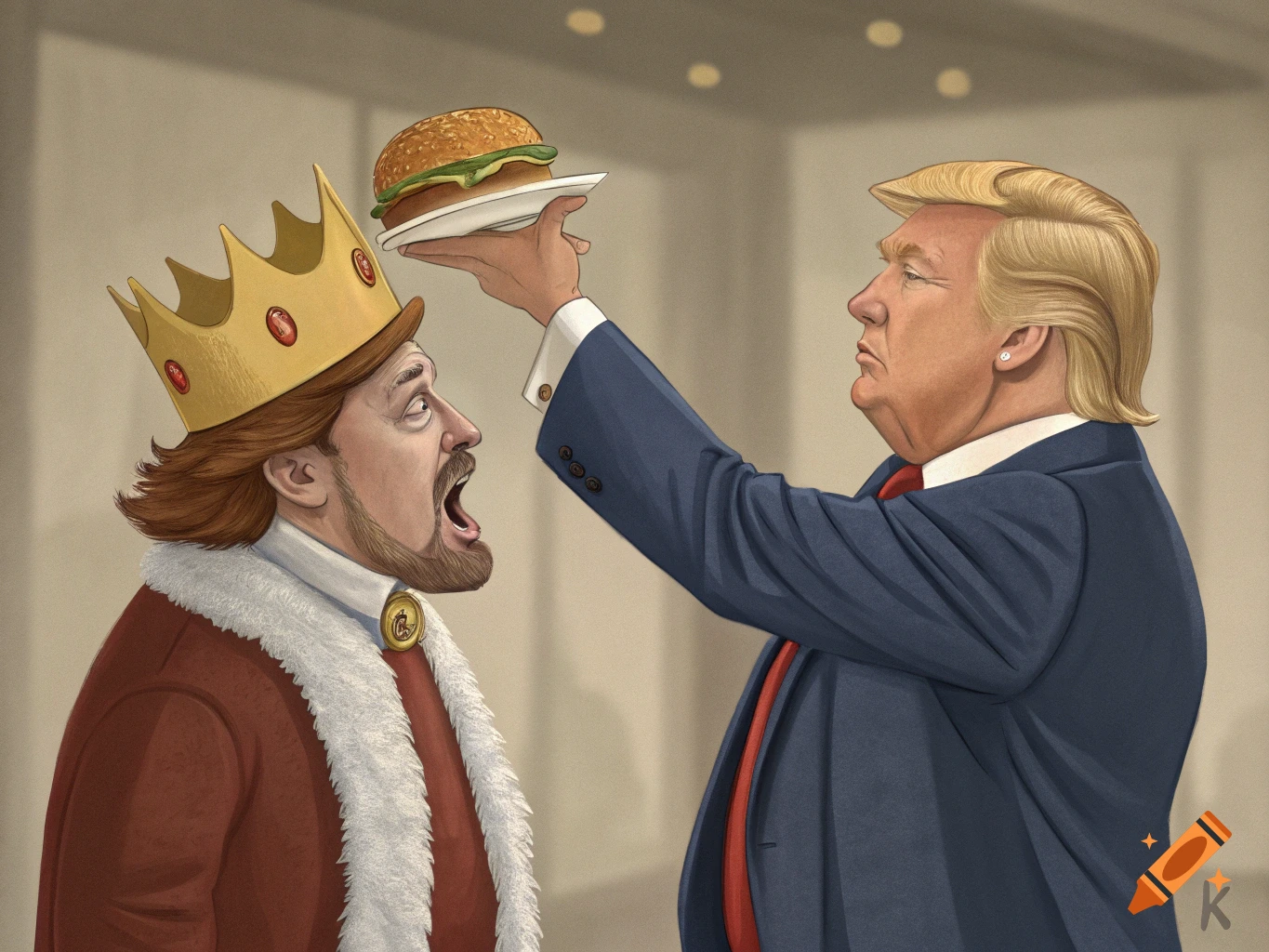 Illustration of Donald Trump holding a hamburger over the open mouth of ...
