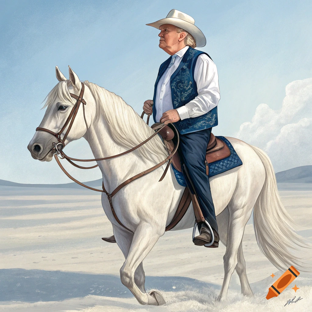Donald Trump rides a white horse across a sandy landscape with mountains