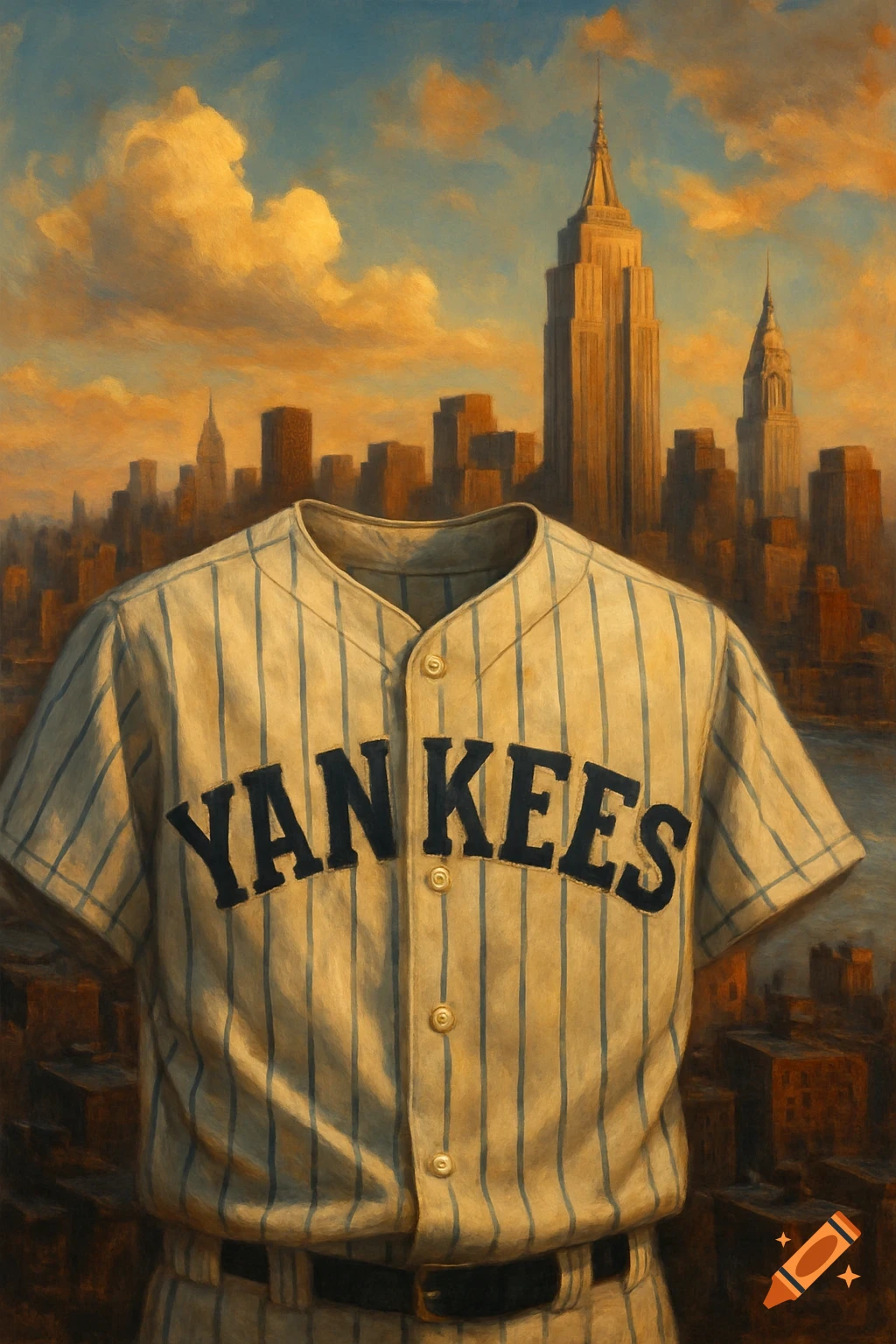 Oil painting of a Yankees baseball jersey in front of the New York City skyline.