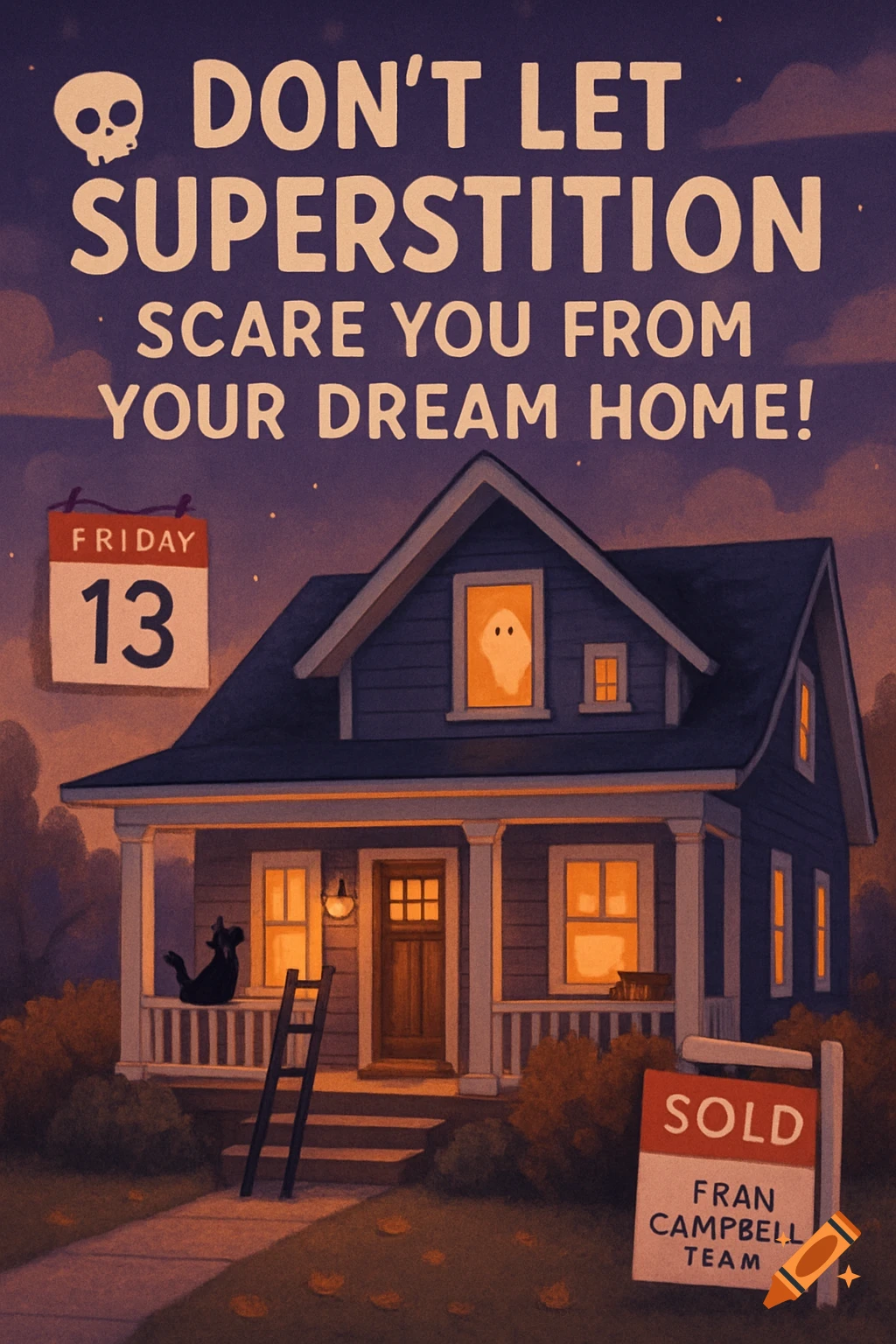 Illustration of a house at dusk with Halloween elements and text about superstition.