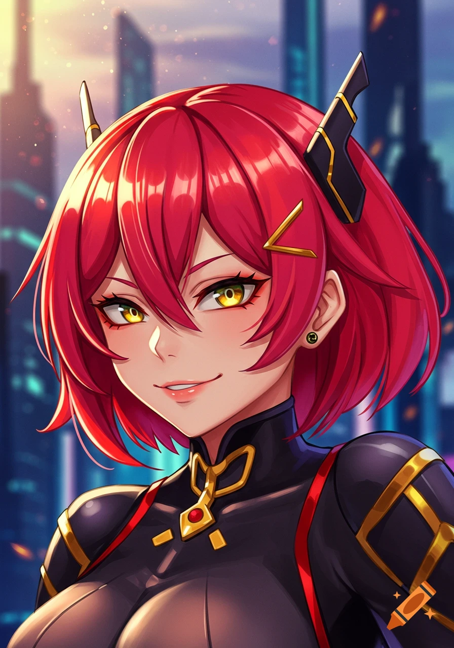 Anime portrait of a woman with red hair and yellow eyes in a black and gold outfit.