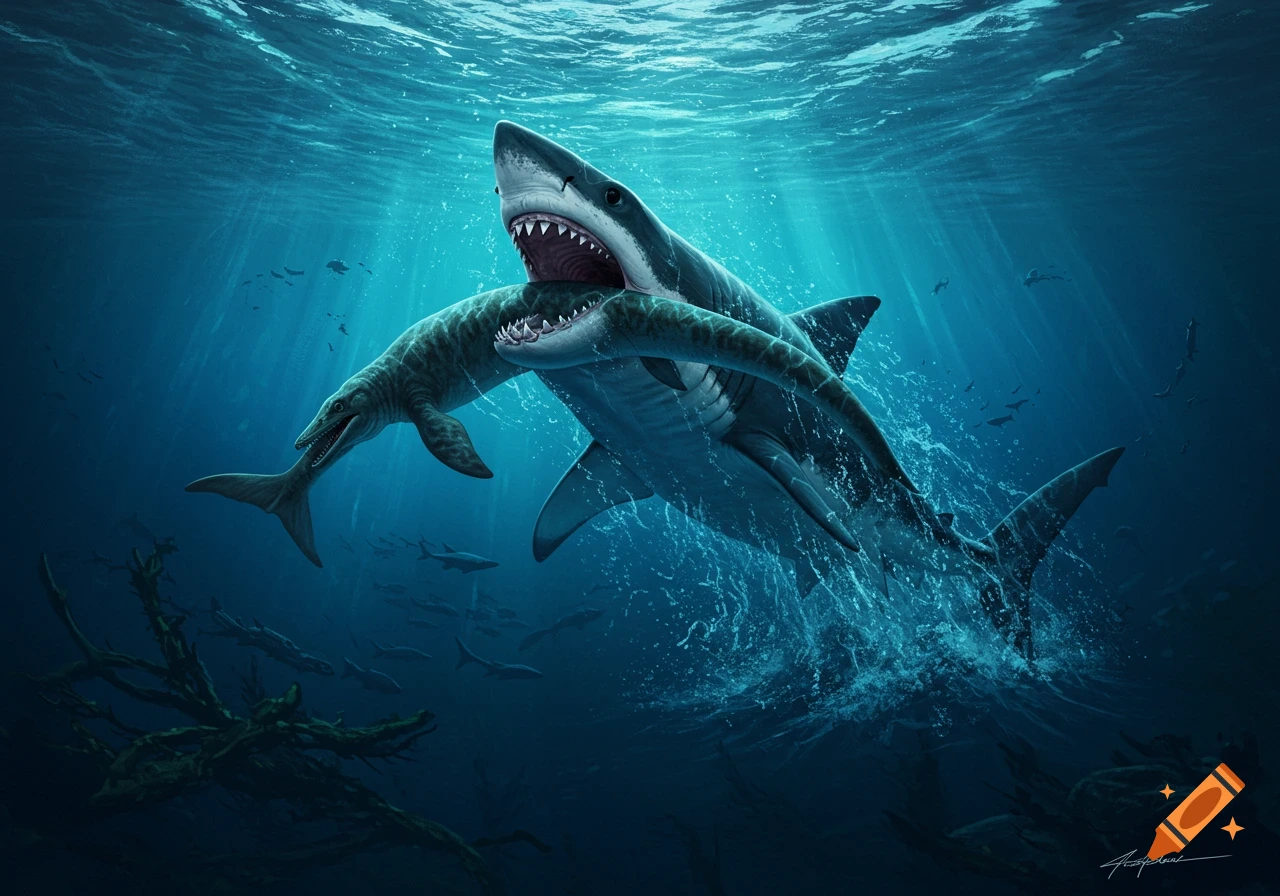 A prehistoric megalodon shark attacks a mosasaur underwater.