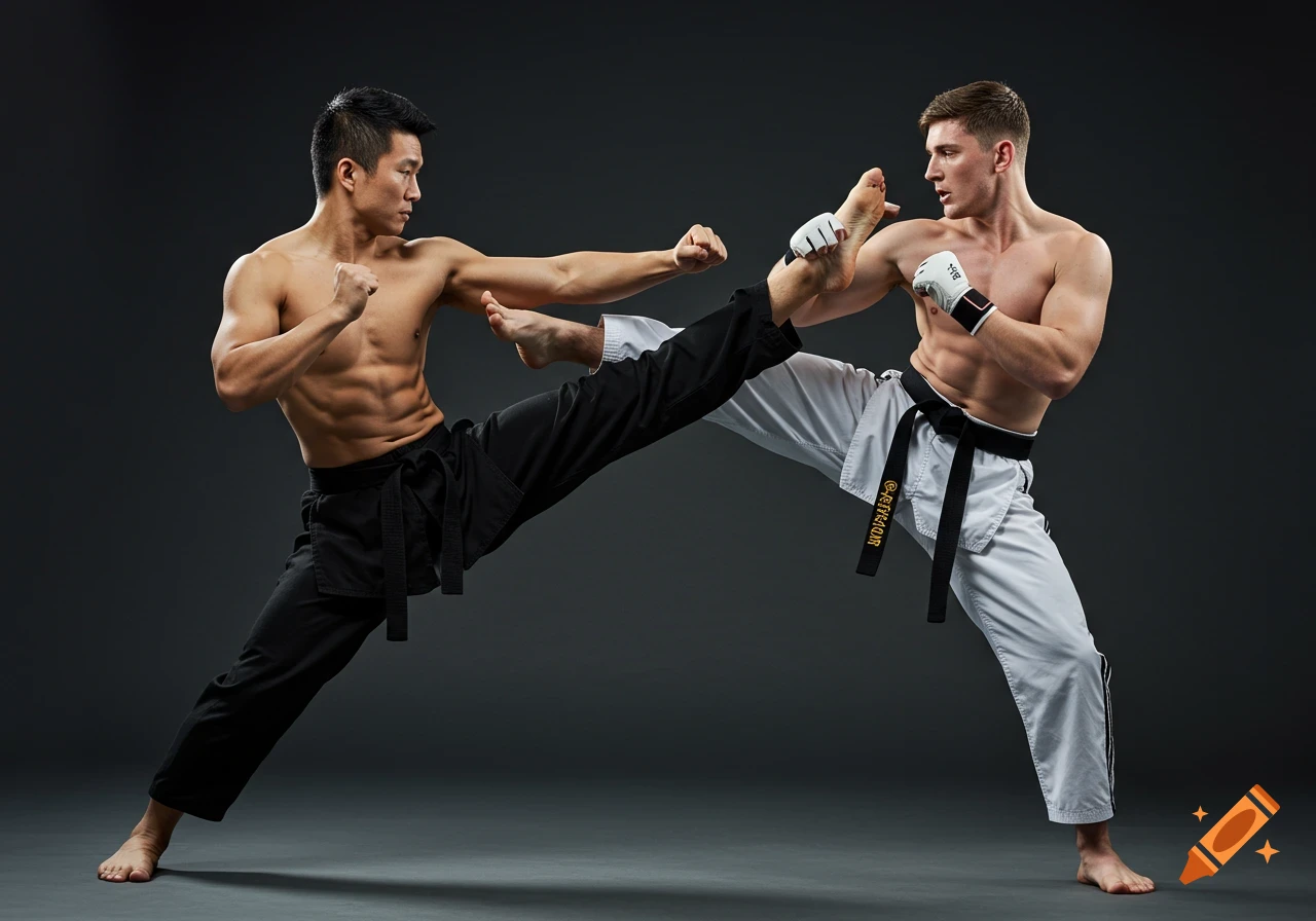 Two men in martial arts uniforms performing high kicks against each other.