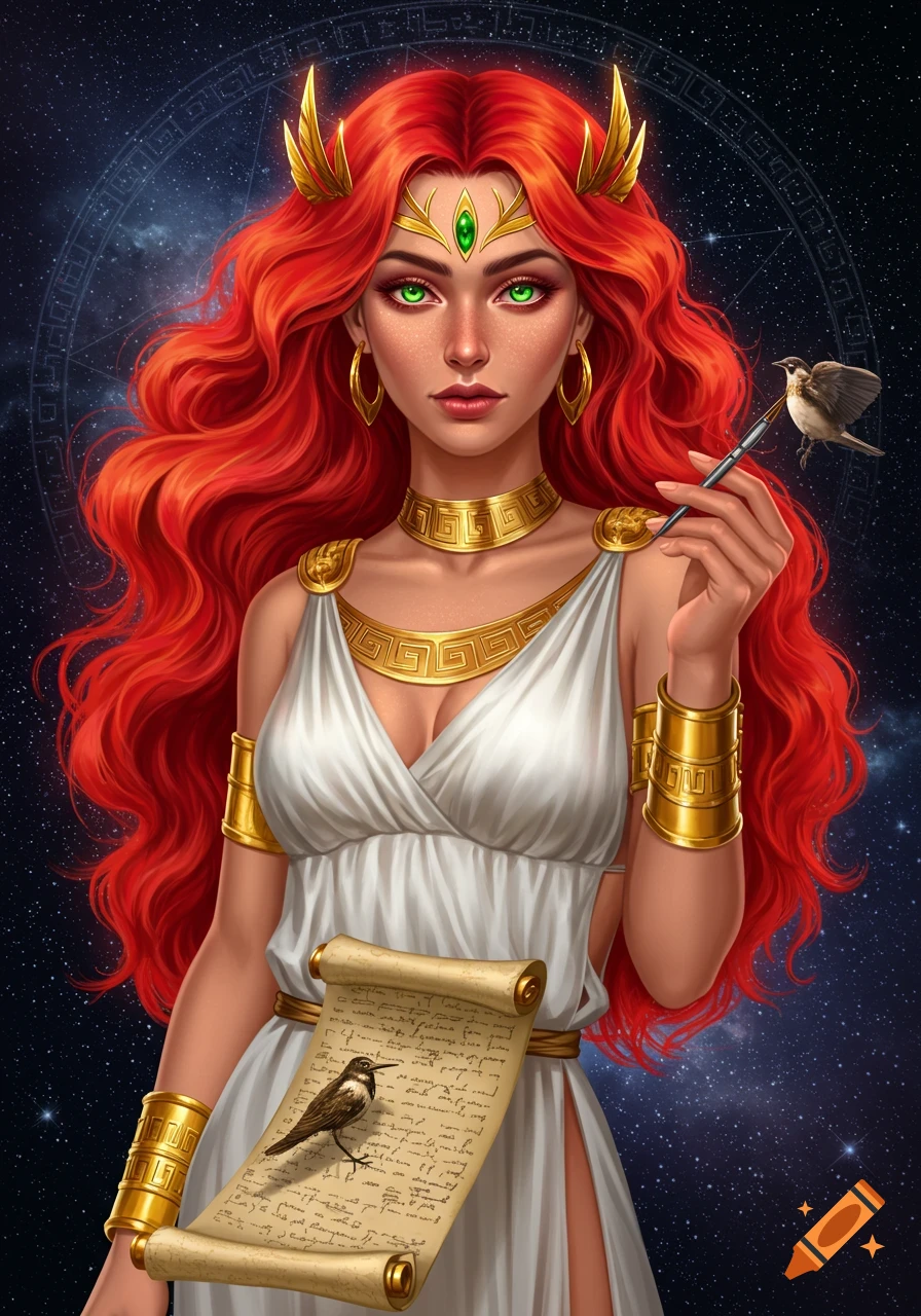 Fantasy portrait of a woman with red hair and green eyes in a white Greek dress holding a scroll with a bird, against a starry sky.