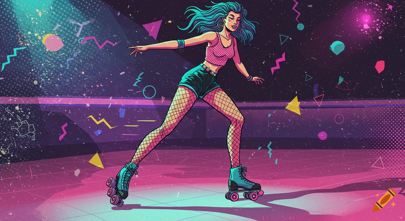 Stylized illustration of a roller skater on a retro dance floor with neon colors