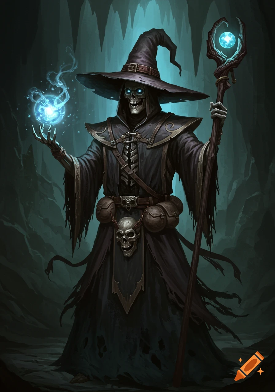 A skeleton mage in a black robe and floppy hat casts a blue spell in a dark cave.