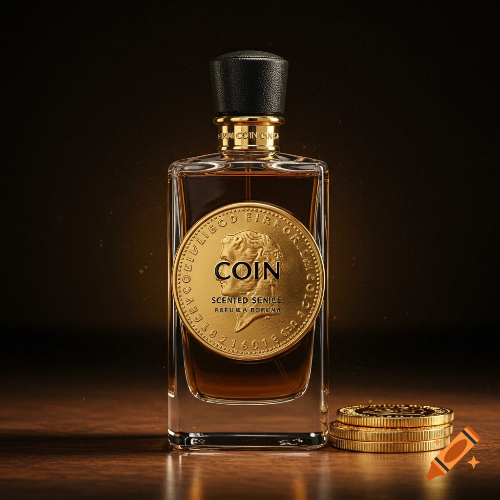 A bottle of cologne with a gold coin label sits on wood, with a stack of coins beside it.