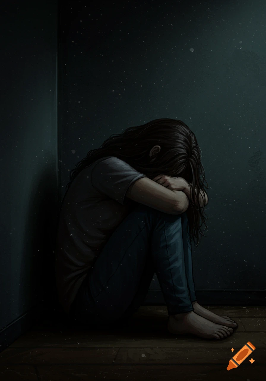 Illustration of a person sitting alone in a dark corner, head in hands, looking sad.
