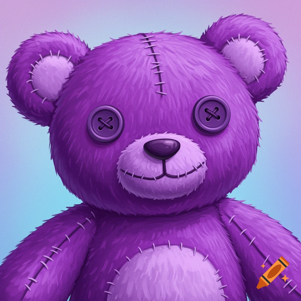 Close-up illustration of a purple teddy bear toy with button eyes and stitching details