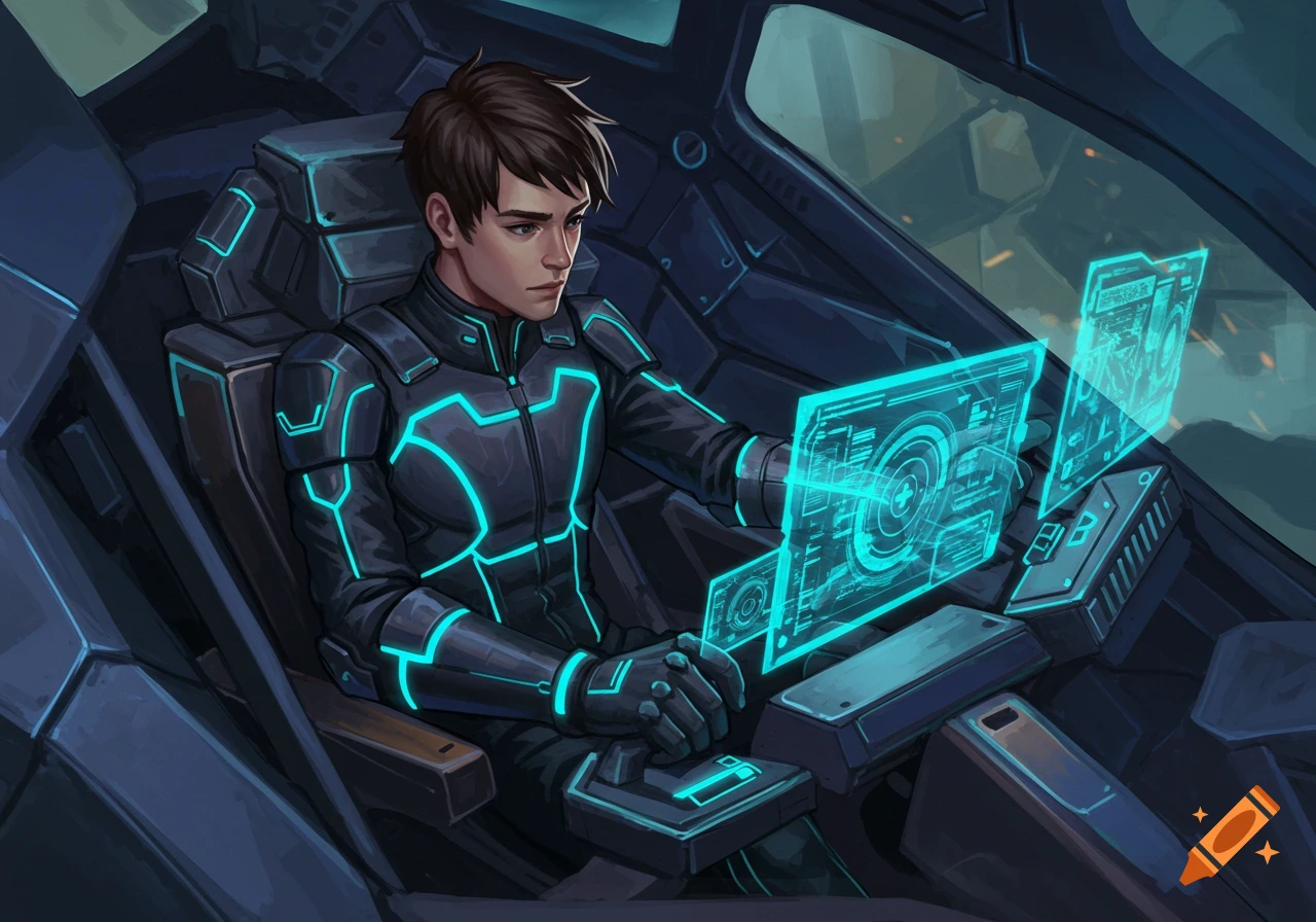 Illustration of a pilot in a futuristic cockpit interacting with holographic screens.