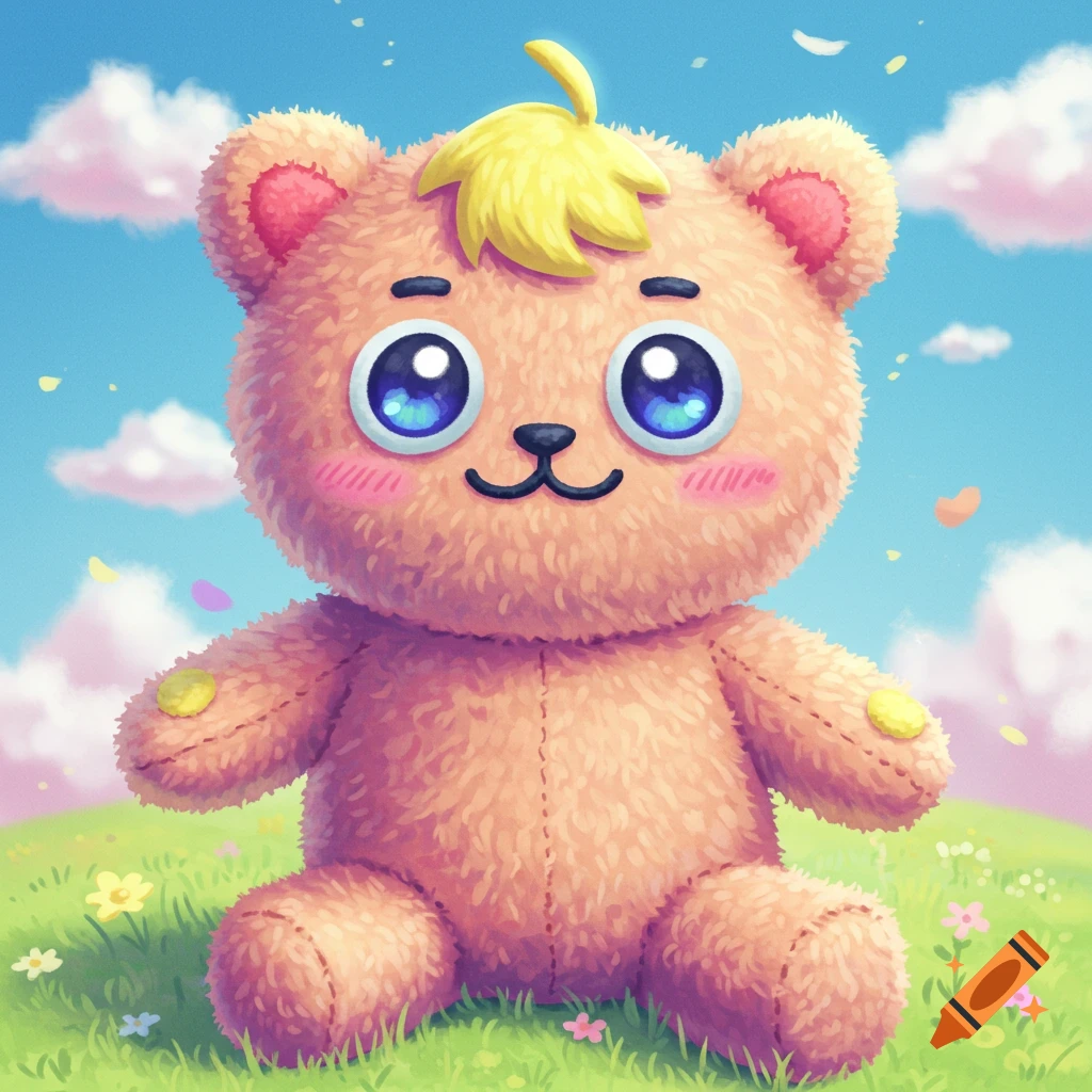 A cute plush bear sits in a grassy field with flowers under a blue sky.
