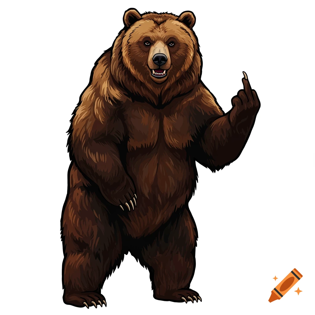 Cartoon grizzly bear standing on hind legs and giving the middle finger on white background