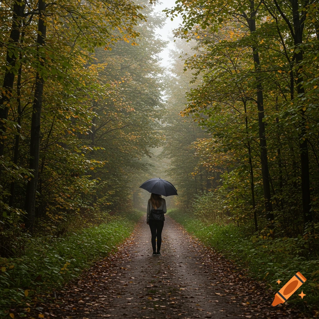 A person walks on a path through a misty forest, holding an umbrella.