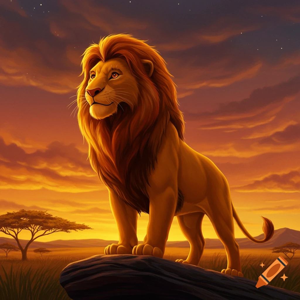 A stylized lion stands on a rock overlooking a savanna sunset.