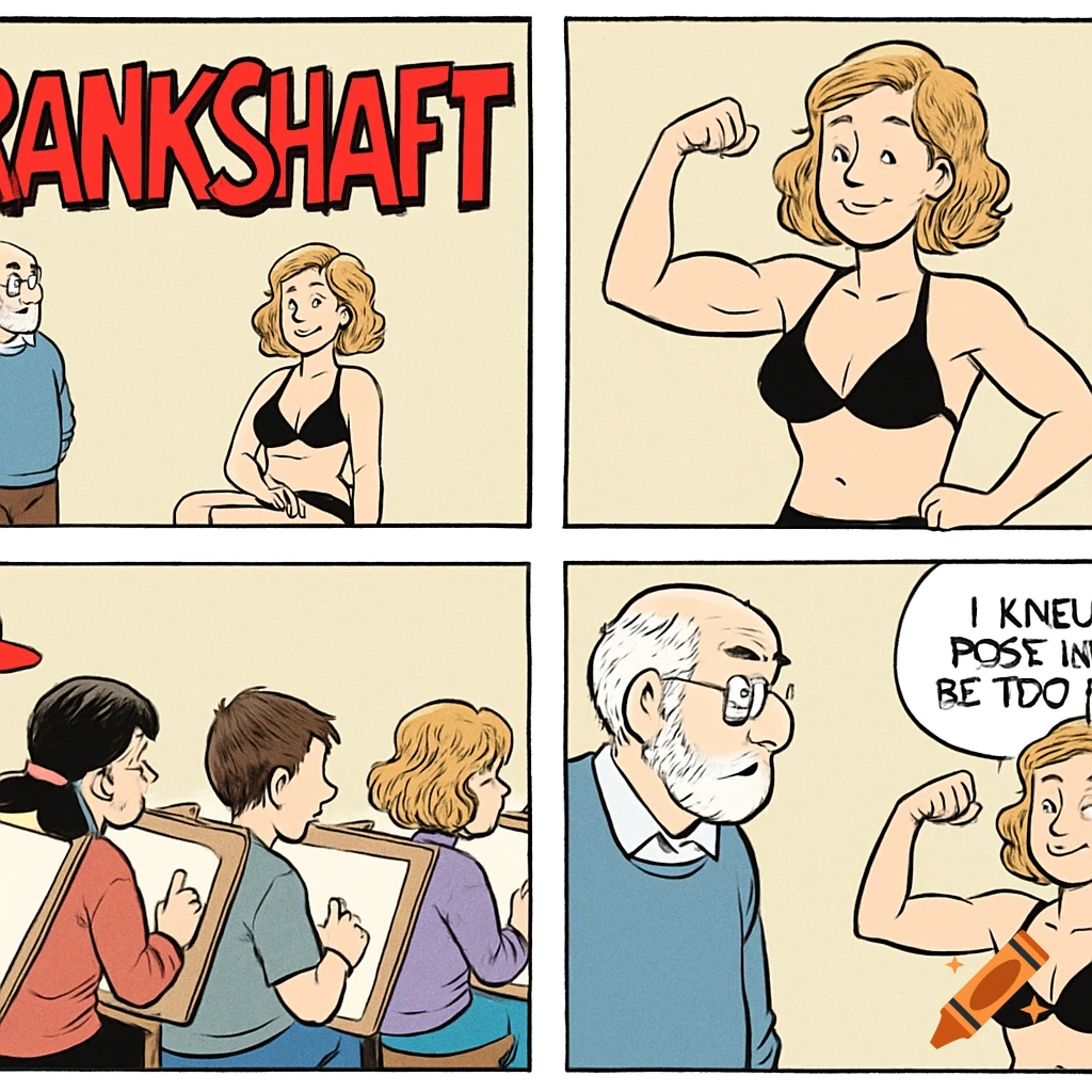 A four-panel comic strip shows a female model in a bra and pants posing for an art class. Students are drawing her. Text is present in the panels.