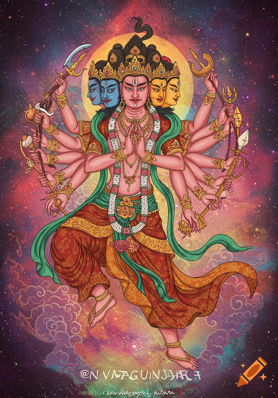 A multi-headed, multi-limbed deity figure stands in a vibrant cosmic background, holding various weapons and objects.