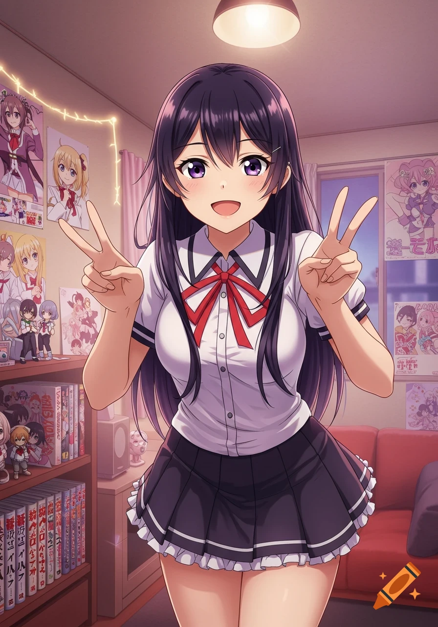 A smiling anime girl in a school uniform makes a peace sign in her room filled with posters and books.