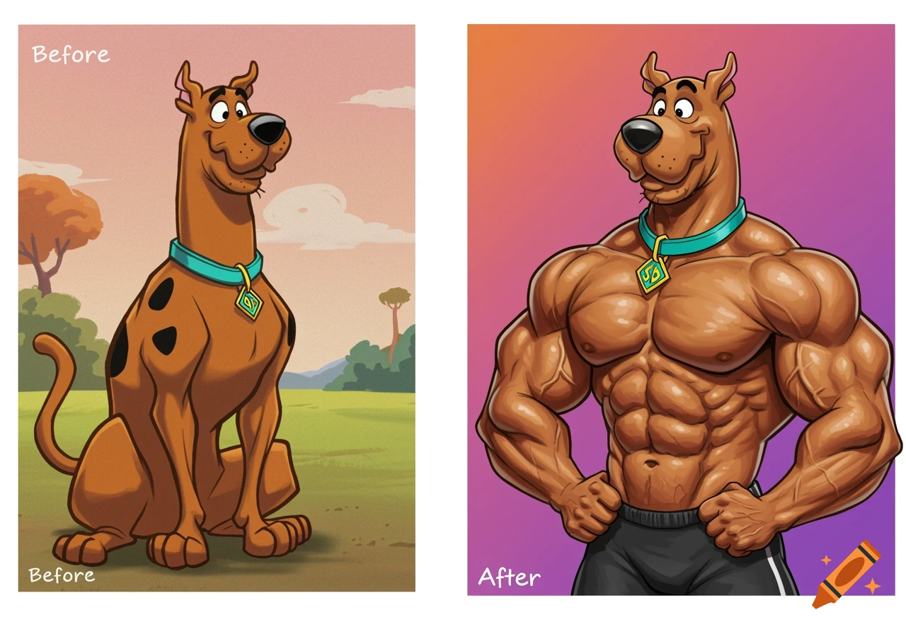 Cartoon Scooby-Doo in a before and after image showing extreme muscle growth.